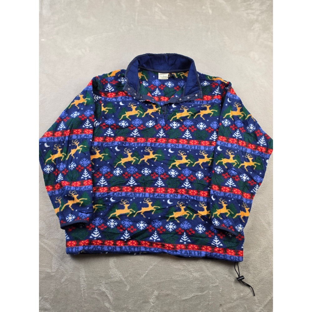 Vintage LL Bean Fleece Sweater Womens L Oversized Reindeer Peace On Earth Snap T